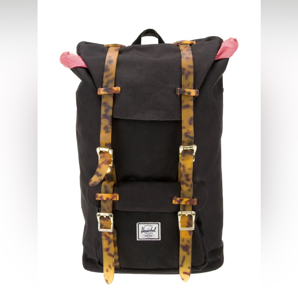 Herschel Tortoiseshell Strap Black Canvas All American Backpack Bag - Picture 3 of 12